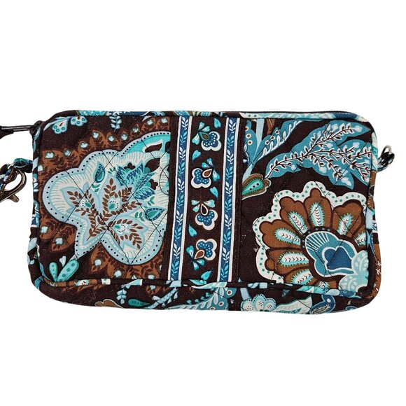 Vera Bradley Java Blue Quilted Cotton Wristlet Wallet Brown Aqua Retired - Picture 3 of 8